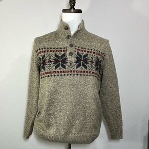 Vintage Tan and Black V-Neck Sweater with Nordic Pattern